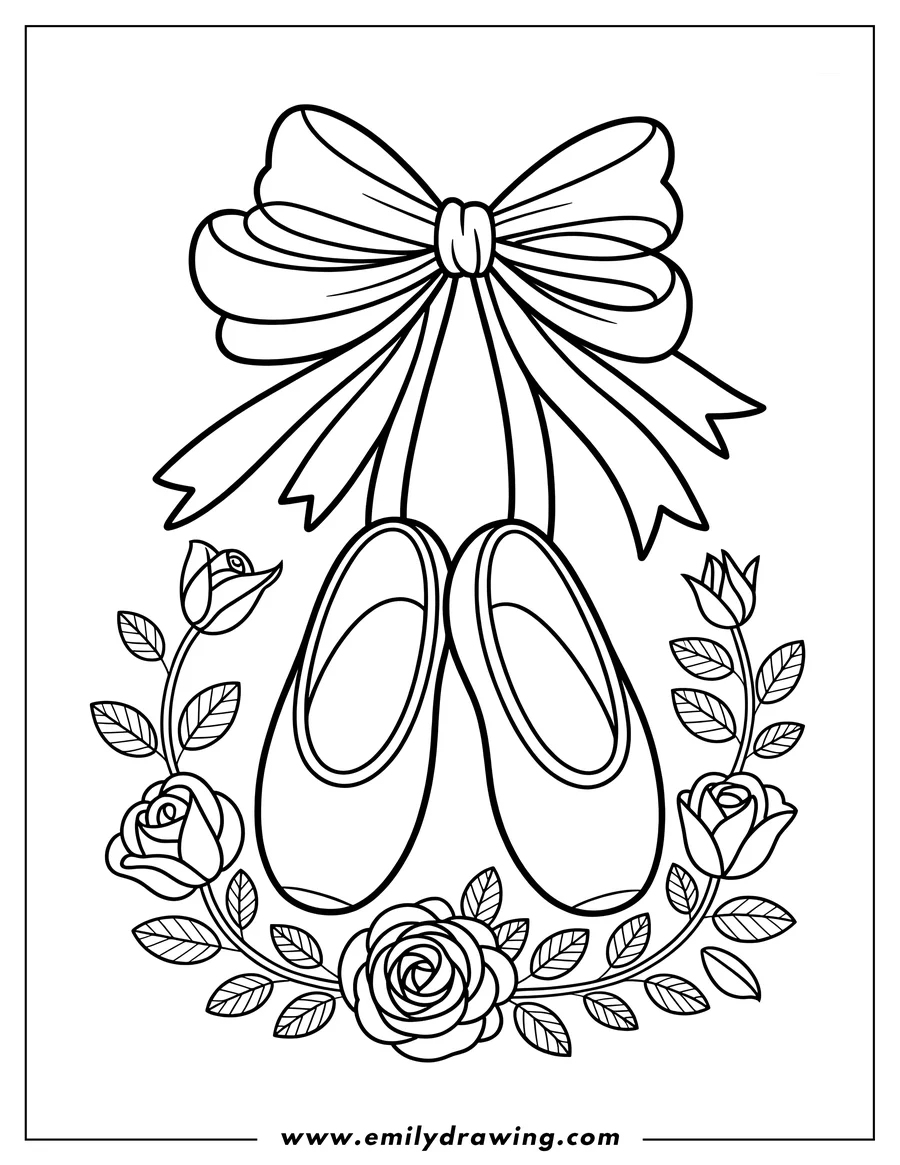 Outline of ballet shoes with a bow and a garland of roses.