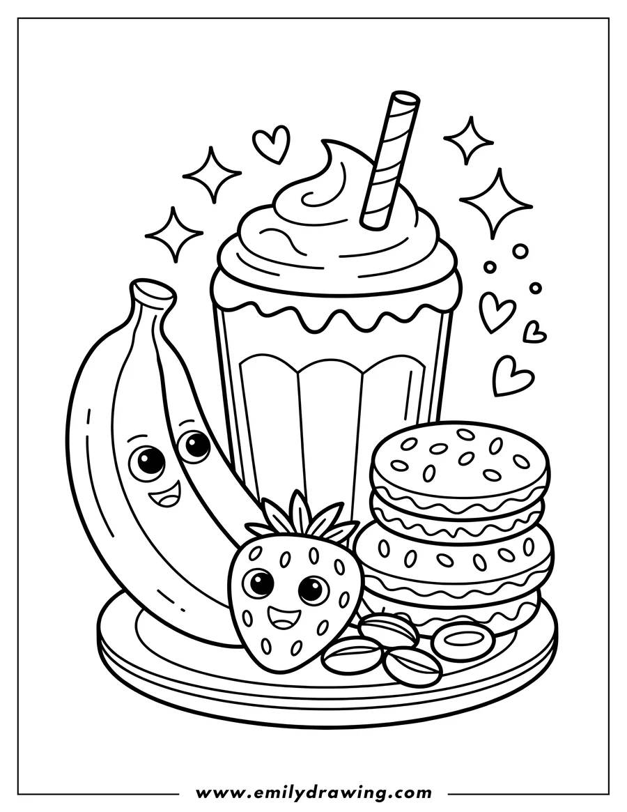 Line art of a banana and a strawberry on a plate with snacks, including a milkshake and cookies. All items have cute, smiling faces.