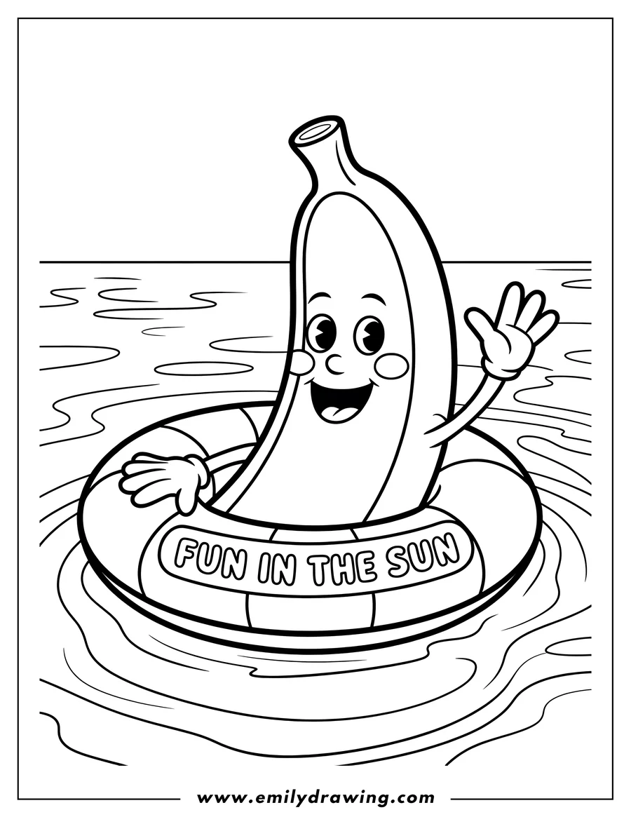Outline of a smiling banana floating in an inner tube on water. The inner tube has 'Fun in the Sun' written on it.