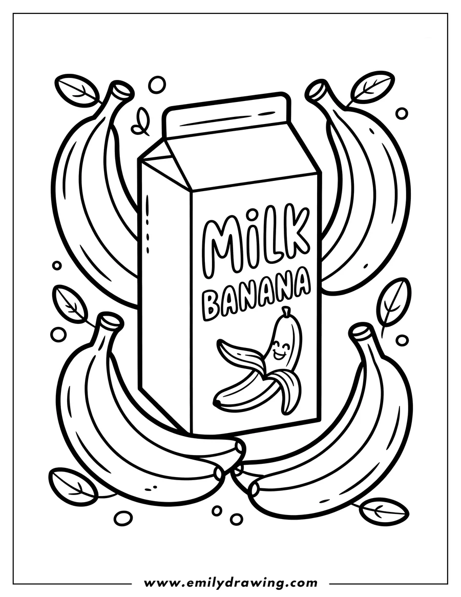 Line art of a banana milk carton surrounded by several whole bananas and small leaves.