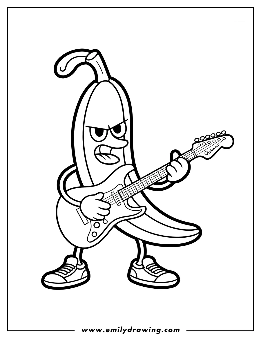 Line art of a banana playing an electric guitar. The banana has a mischievous expression and is wearing sneakers.