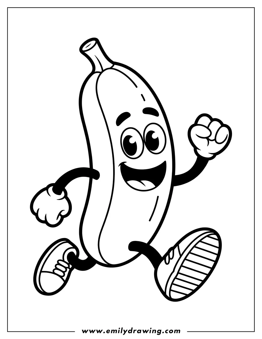 Line art of a smiling banana running. It's wearing sneakers and looks happy.