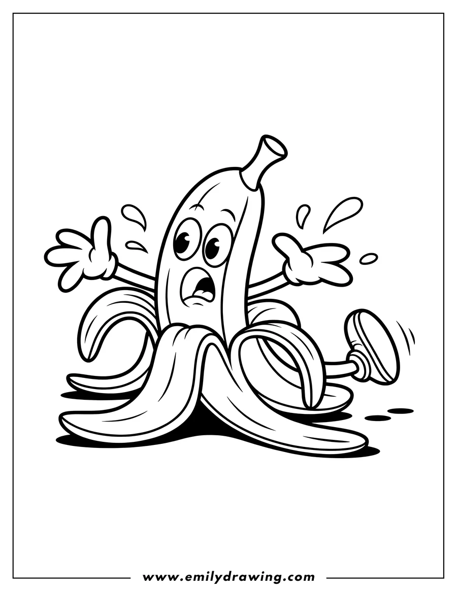 Line art of a surprised banana slipping on its own peel. Its foot is kicked up in the air.