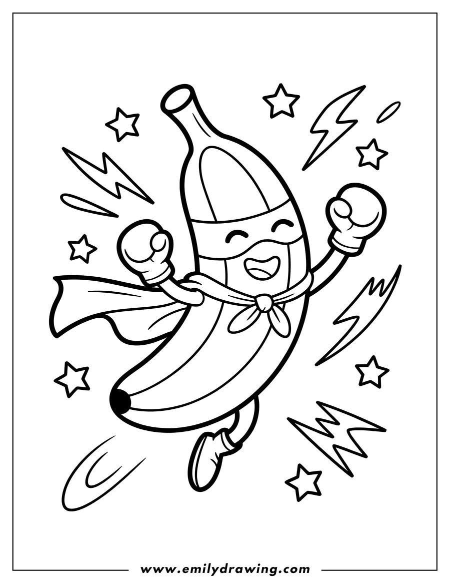Line art of a banana dressed as a superhero, wearing a mask, cape, and boxing gloves.  Lightning bolts and stars surround the banana, adding to the superhero theme.