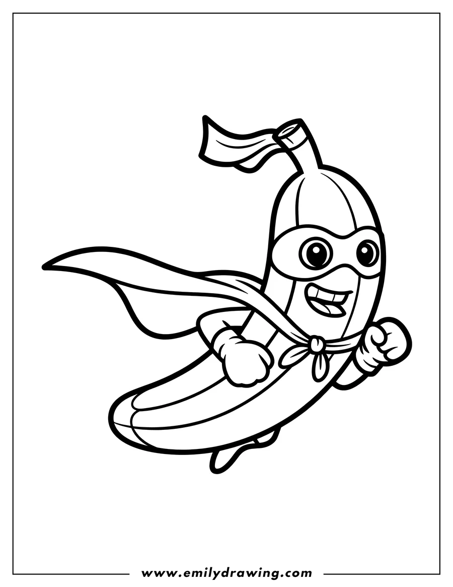 Line art of a banana dressed as a superhero, wearing a cape and mask, flying through the air.