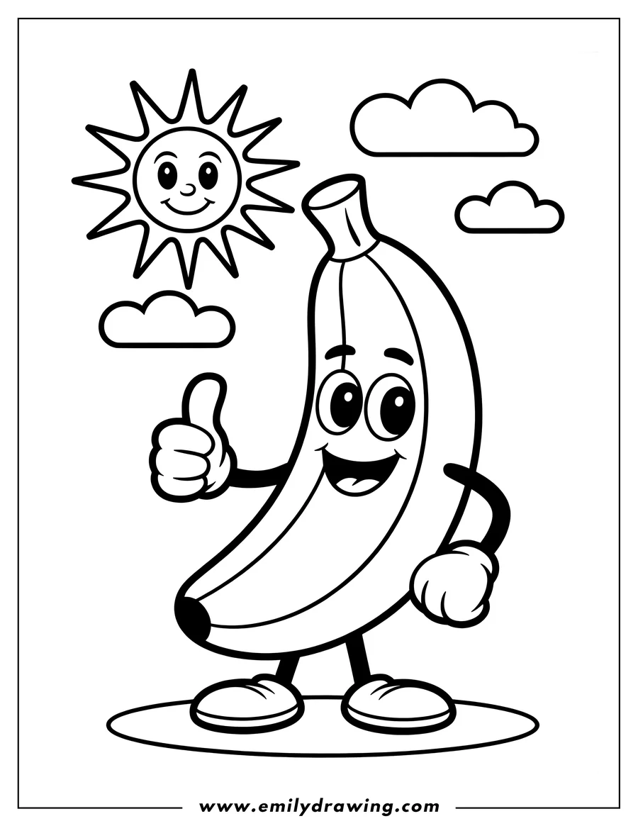 Line art of a cheerful banana giving a thumbs up, with a smiling sun and fluffy clouds in the background.