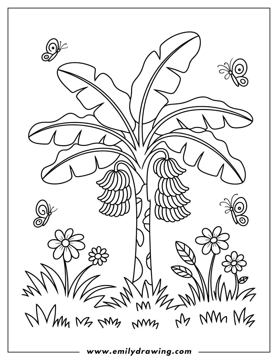 Line art of a banana tree with bunches of bananas, surrounded by butterflies, flowers, and grass.