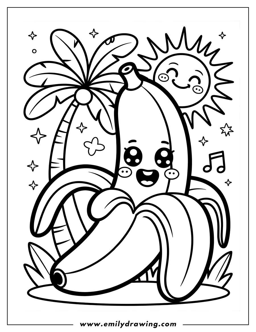Line art of a happy banana peeled and smiling under a palm tree with a smiling sun, music notes, and stars.