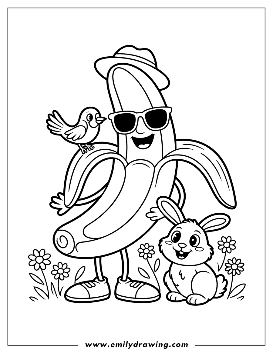 Line art of a peeled banana wearing a hat and sunglasses, standing near a small bunny and with a bird perched on its peel. Flowers and grass grow at their feet.