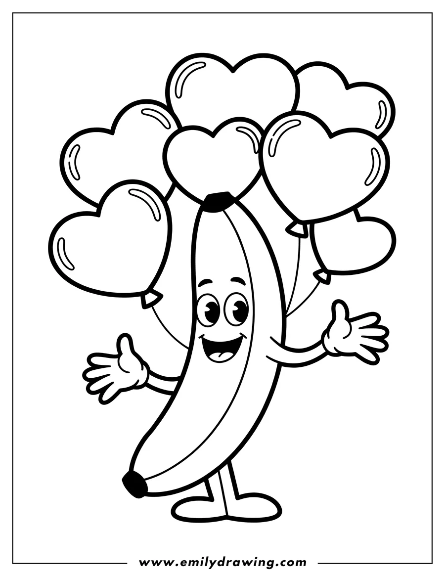 Line art of a smiling banana holding a bunch of heart-shaped balloons.