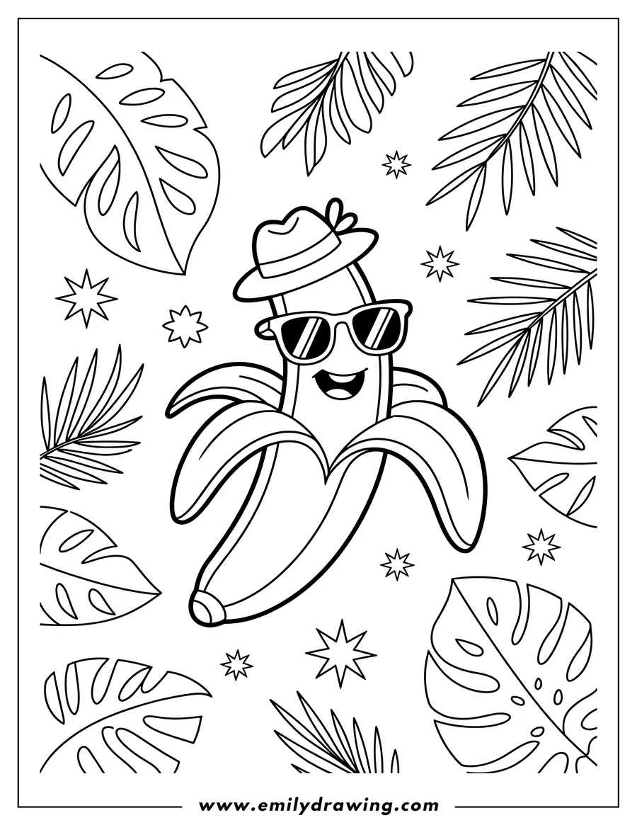 Line art of a smiling banana wearing sunglasses and a hat, surrounded by tropical leaves and stars.