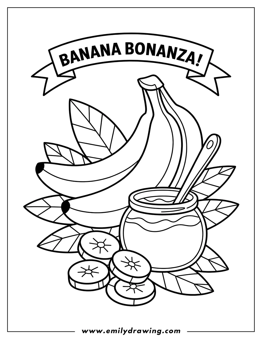 Line art of bananas, banana slices, and a jar of banana puree with a spoon.