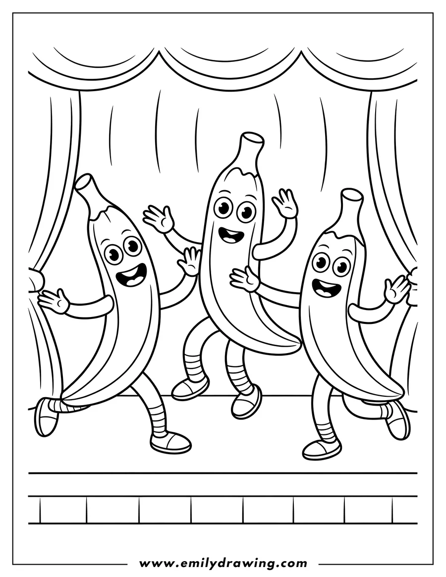 Outline of three happy bananas dancing on a stage with curtains.