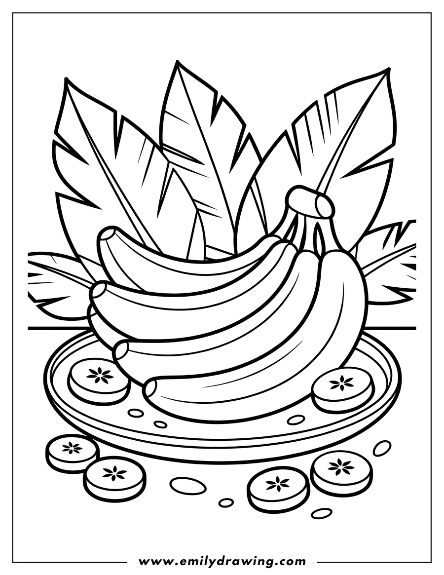Outline of bananas on a plate with banana slices and leaves in the background.