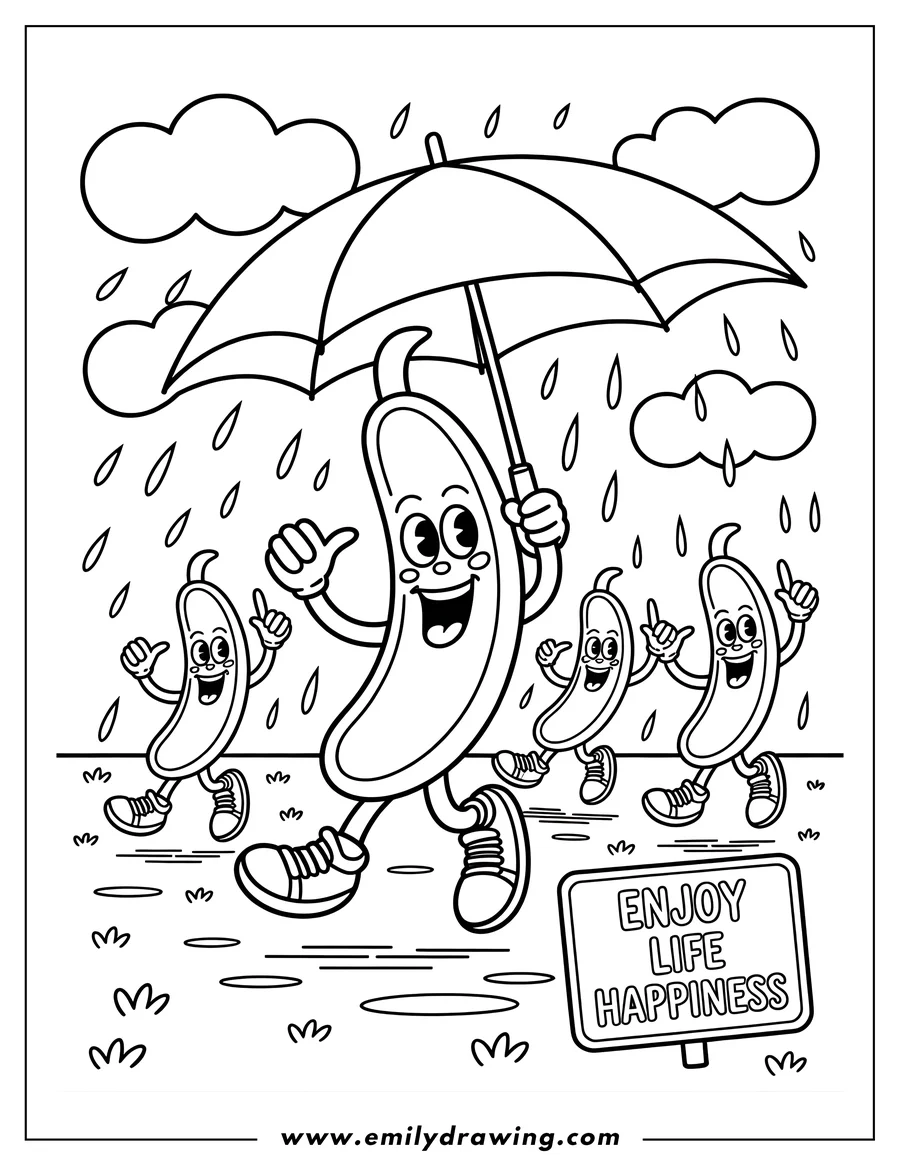 Line art of four happy bananas walking in the rain. One large banana holds an umbrella while three smaller bananas walk alongside.  A sign reads 'Enjoy Life Happiness'.