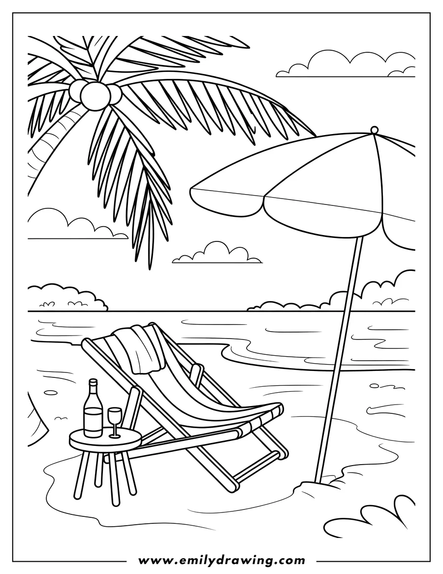 Line art showing a beach chair with a small table holding a bottle and glass, under a beach umbrella and a palm tree, with the ocean in the background