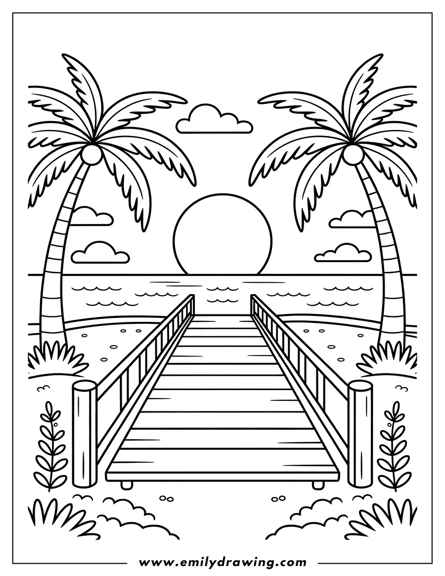 Line art of a beach scene with a wooden dock extending towards a setting sun over the ocean, framed by two large palm trees.