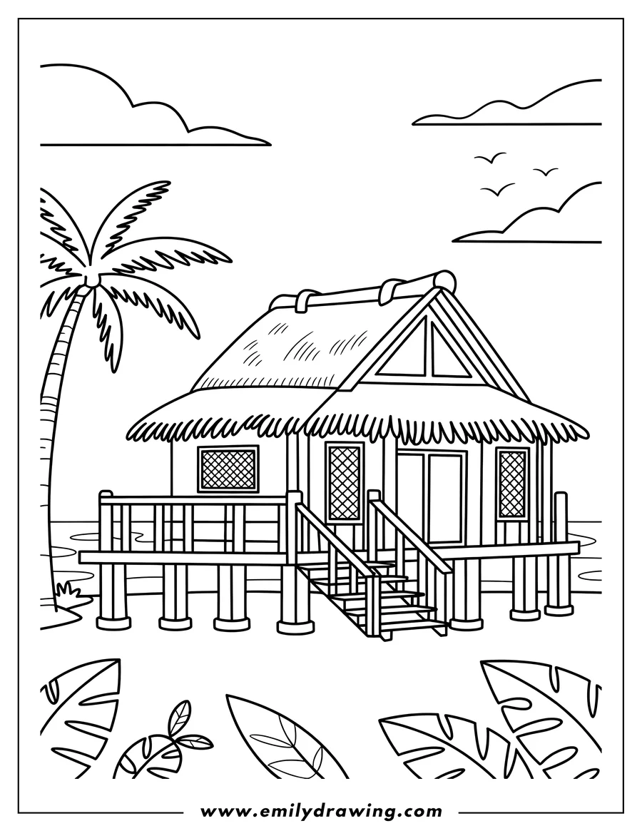 Outline of a beach hut over water, with a large palm tree beside it and tropical leaves in the foreground.