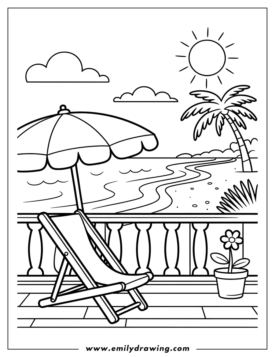 Line art of a beach scene with a lounge chair and umbrella on a patio, overlooking the ocean with a palm tree and sun.