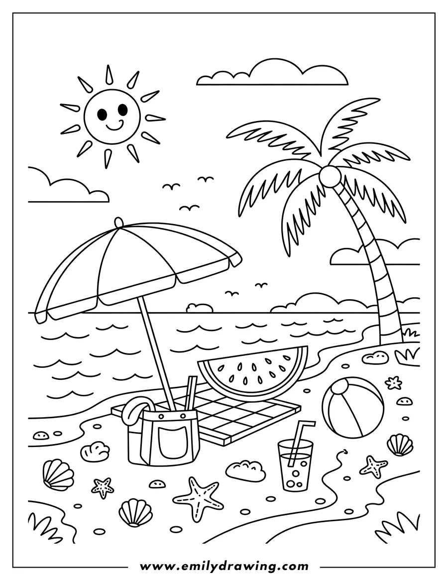 Line art of a vibrant beach scene with a smiling sun, a palm tree, a beach umbrella, a watermelon slice, a drink, a beach ball, and seashells.