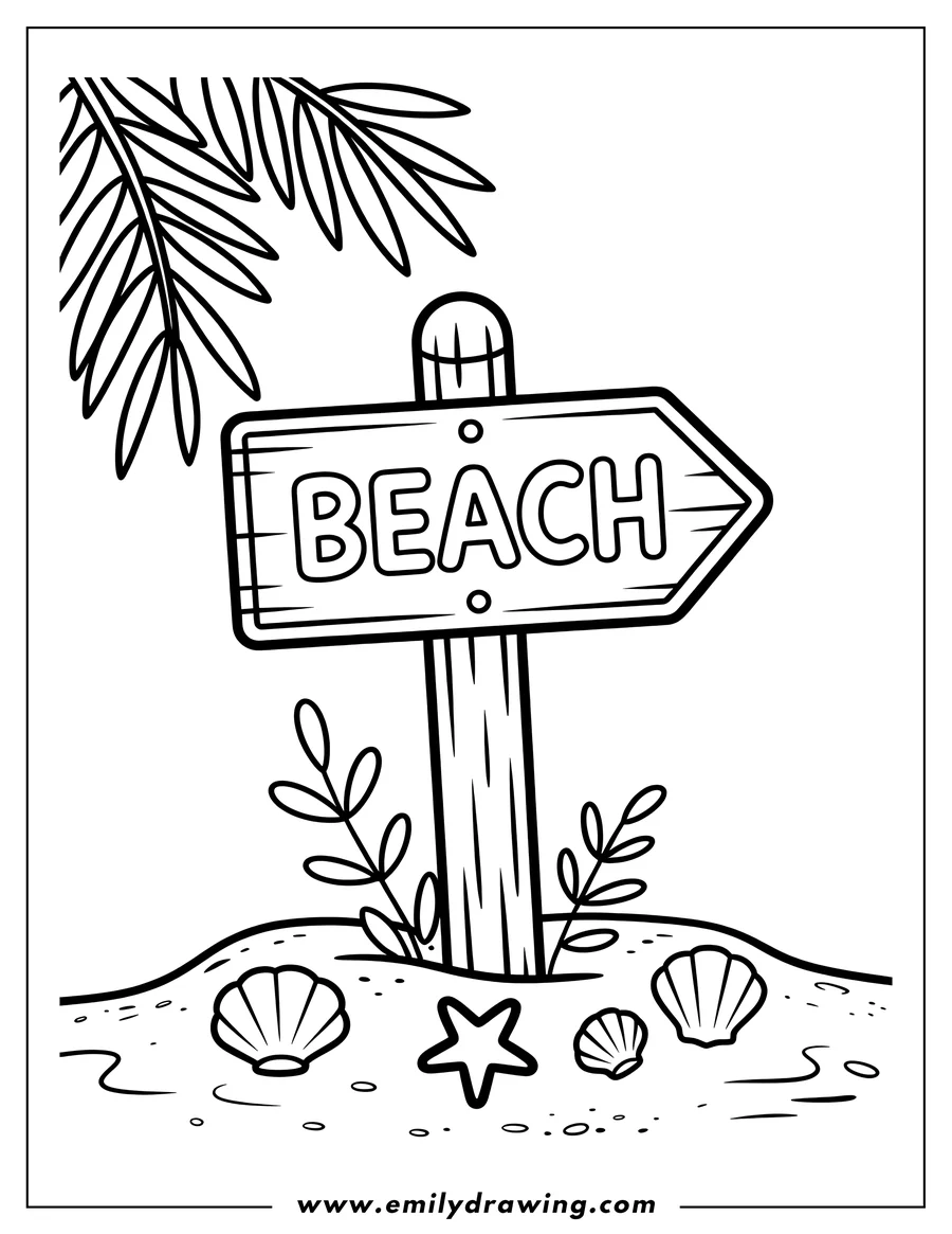 Outline of a wooden directional sign pointing right with the word 'BEACH' written on it, surrounded by sand, small plants, seashells, and a starfish, with a palm frond in the upper left corner.