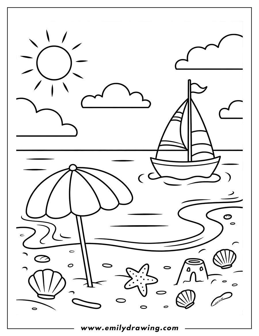 Line art showing a beach scene with a large umbrella planted in the sand, a sailboat on the water, and a bright sun in the sky. Shells, a starfish, and a small sandcastle are scattered on the beach.