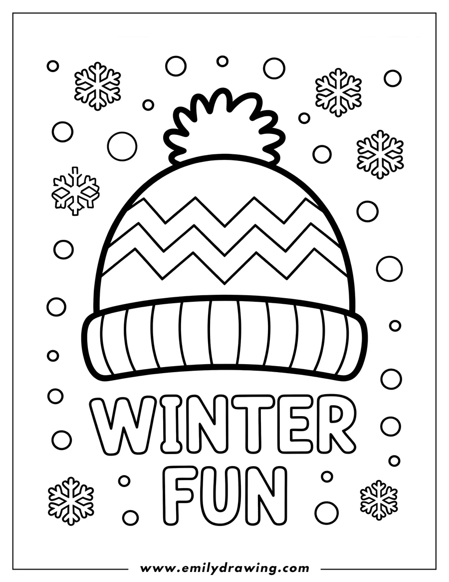 Outline of a winter beanie hat with a pom-pom and zigzag pattern, surrounded by falling snowflakes and circles, with the words 'WINTER FUN' below it.