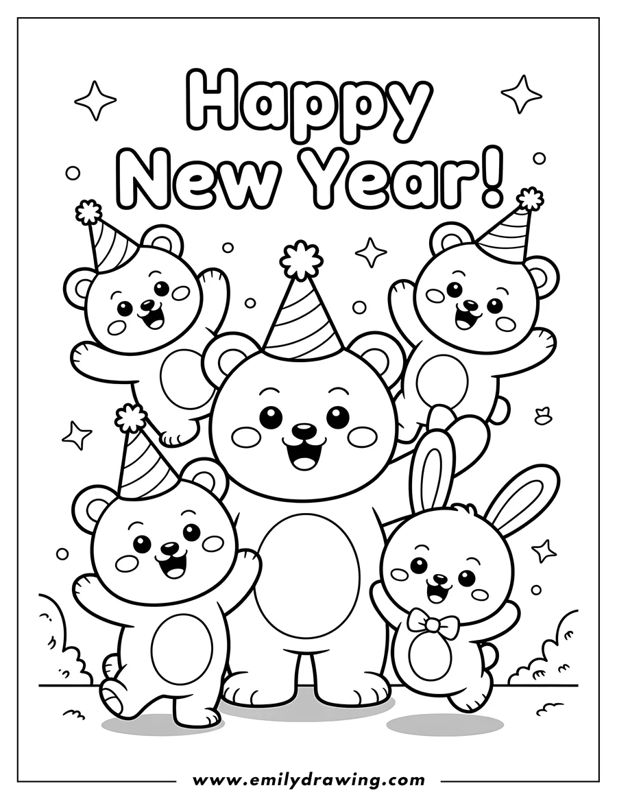 Outline of a large bear and three smaller bears, along with a bunny, all wearing party hats, celebrating New Year with text 'Happy New Year!' above them.