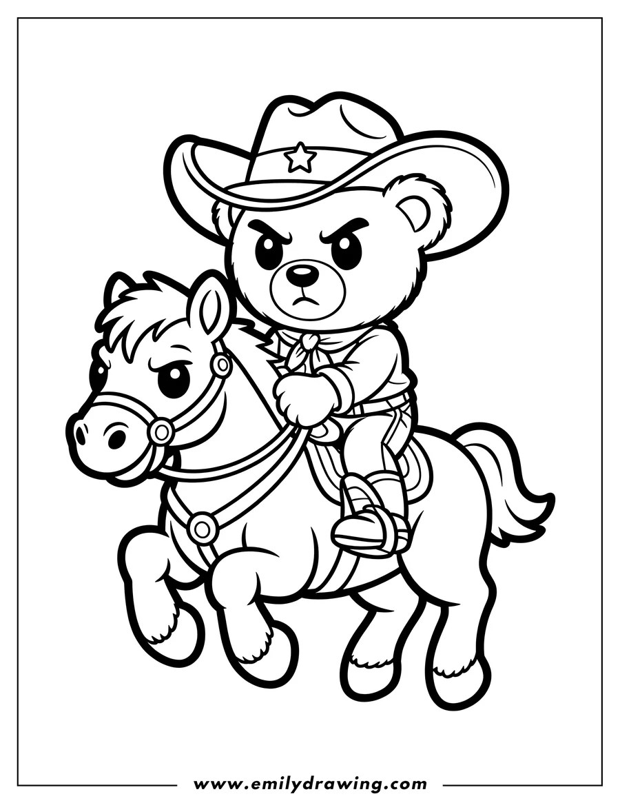 Line art of a cartoon bear dressed as a cowboy, wearing a hat with a star and a bandana, riding a small horse. Both the bear and the horse have grumpy expressions.