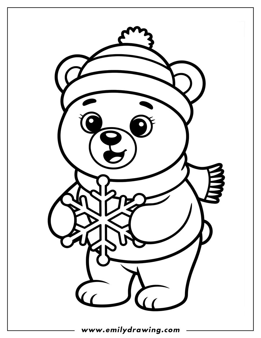 Outline of a cartoon bear wearing a winter hat and scarf, holding a large snowflake.