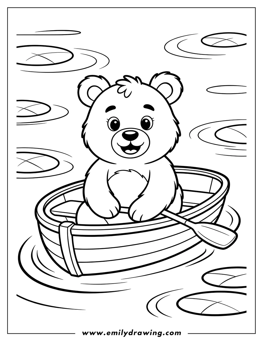 Line art of a bear sitting in a small wooden rowboat on a pond with lily pads. The bear is holding an oar and smiling.