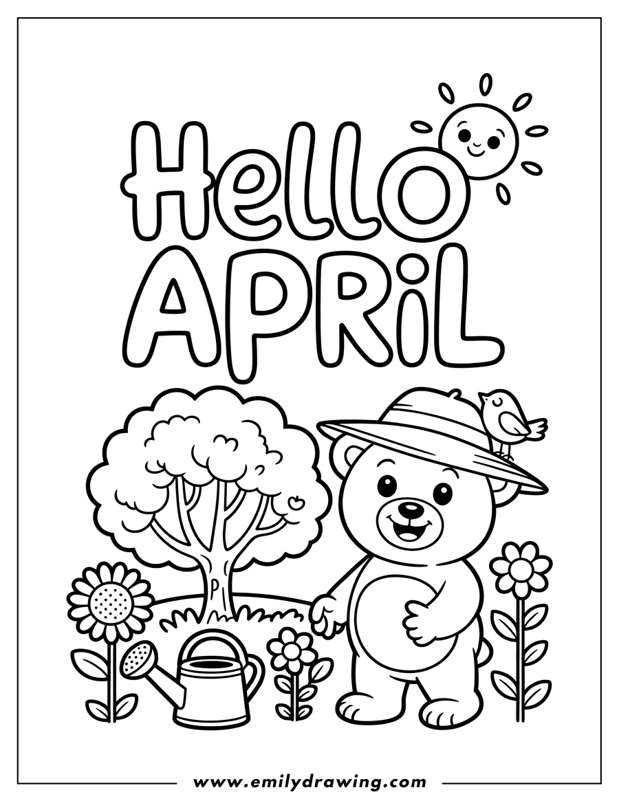 Outline of a bear wearing a sun hat in a garden with flowers, a tree, and a watering can. A small bird perches on the bear's hat, and a smiling sun shines overhead.