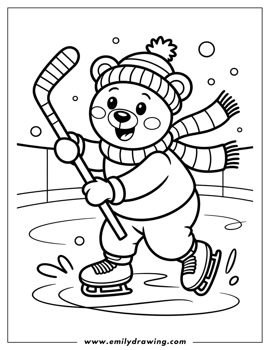 Line art of a bear playing hockey on an ice rink. The bear wears a winter hat and scarf and holds a hockey stick.