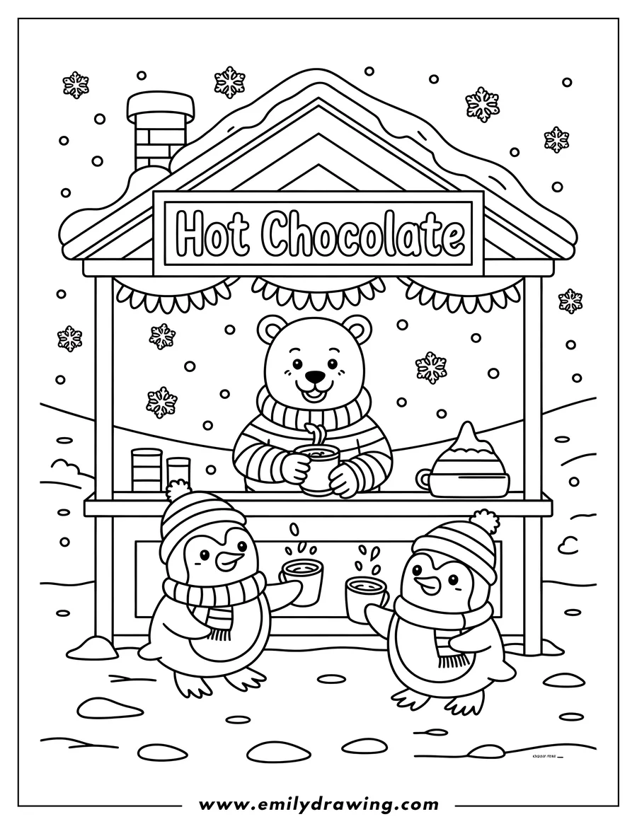 Line art of a bear serving hot chocolate from a stand to two penguins, with snowflakes falling