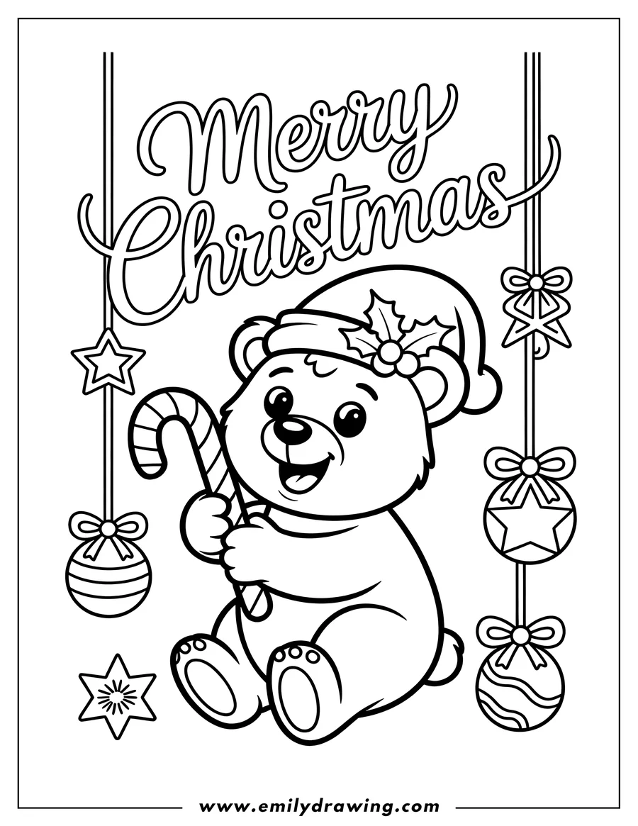 Line art of a bear wearing a Santa hat and holding a candy cane. Christmas ornaments hang in the background.