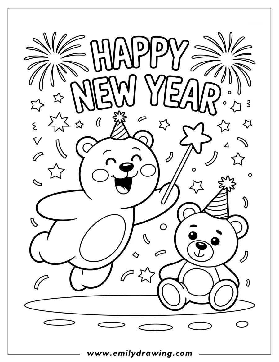 Outline of two cute bears celebrating New Year's Eve. One bear is jumping and holding a star wand, while the other sits beside it, both wearing party hats, with fireworks, confetti, and stars in the background.