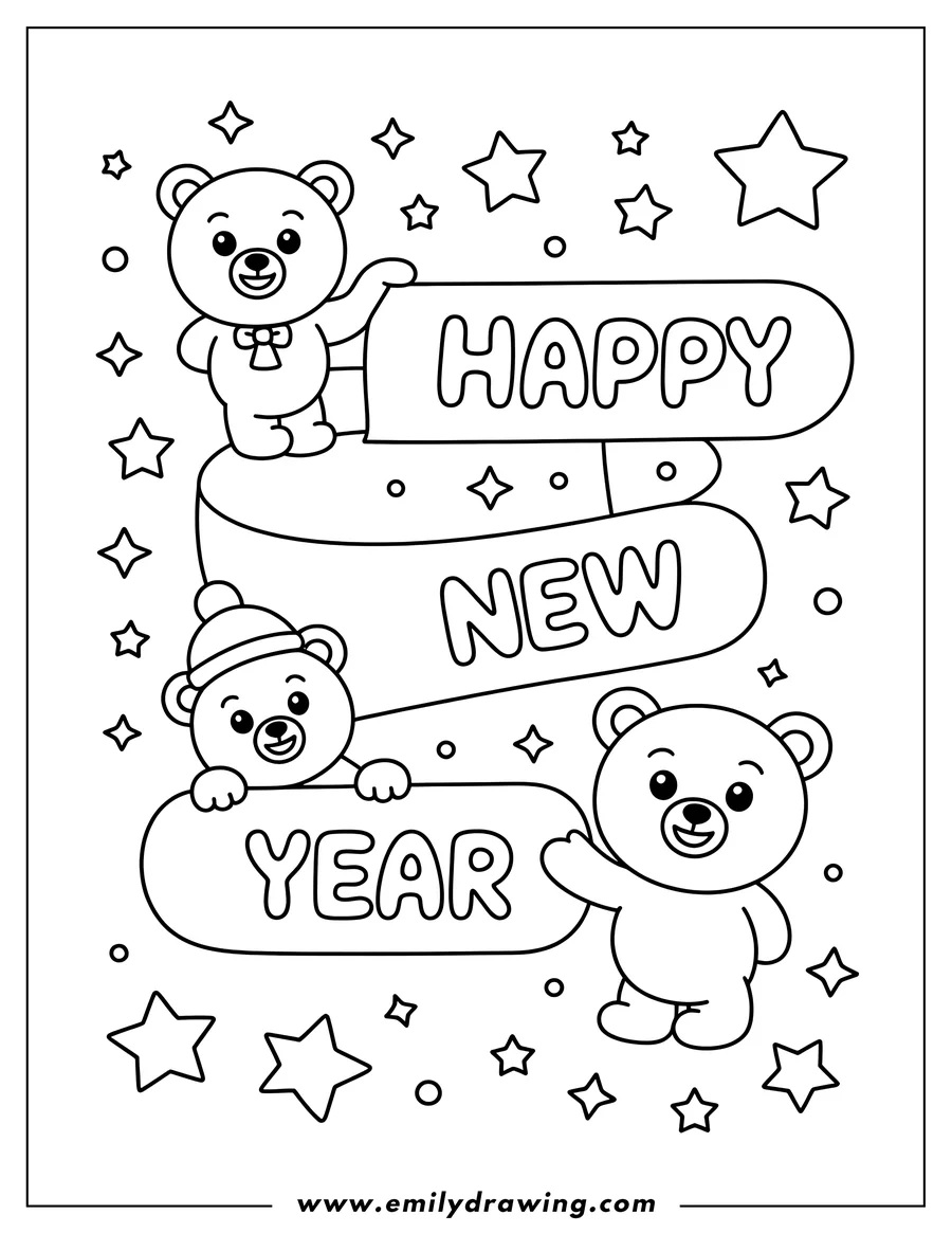 Outline of three cartoon bears holding a wavy banner that reads 'Happy New Year', surrounded by stars and circles.