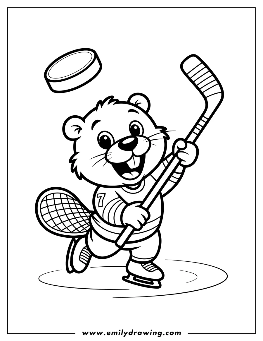 Line art of a beaver playing hockey. He wears ice skates and a jersey, holds a hockey stick, and the puck is in the air.