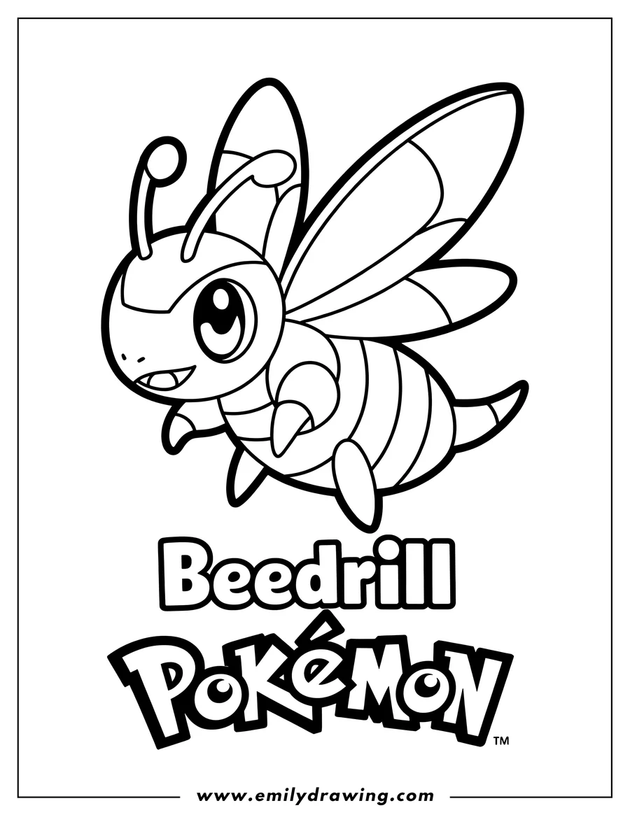 Line art of the Pokemon Beedrill, a bee-like creature with large eyes, antennae, wings, and a striped body.