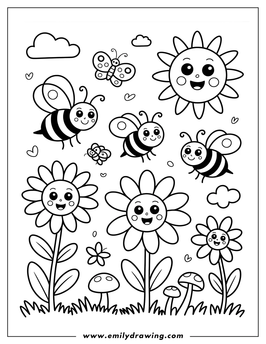 Line art of cheerful bees and butterflies flying above smiling flowers, mushrooms, and grass with a happy sun in the corner.