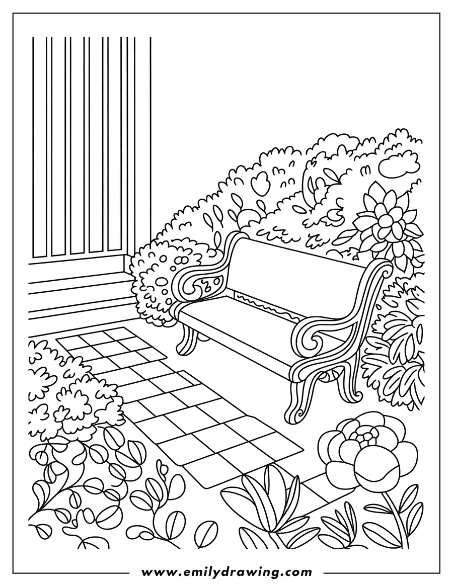 Line art of a garden with an empty ornate bench, surrounded by various bushes and flowers, and a path of stepping stones leading to a building.