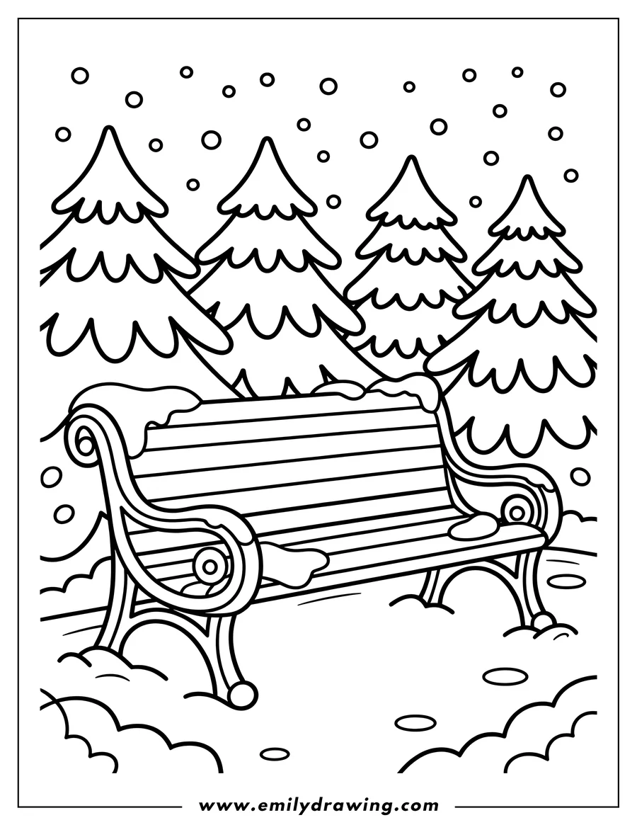 Line art of a park bench covered in snow, with several pine trees in the background and snowflakes falling