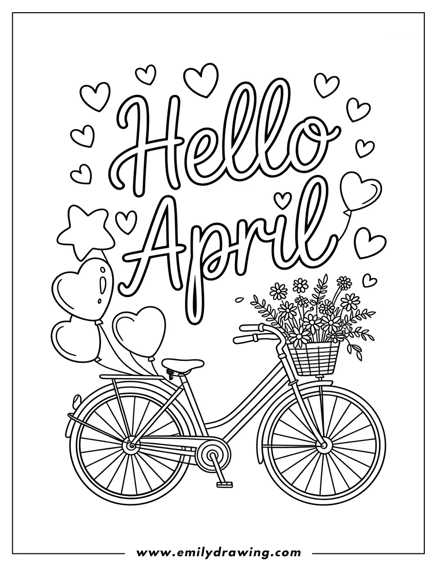 Outline of a bicycle with a basket of flowers, heart-shaped balloons, and the words 'Hello April'.