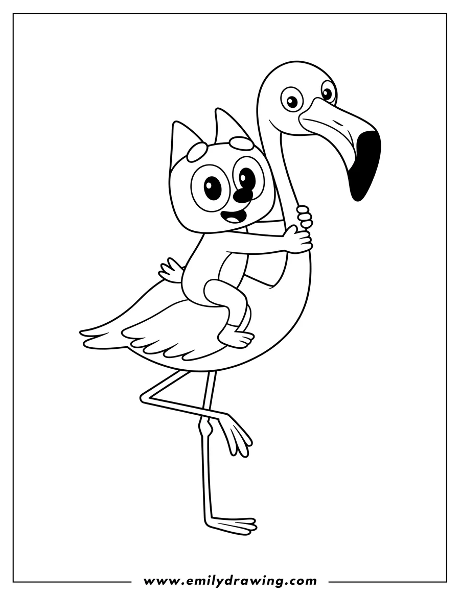 Line art of Bluey's character Bingo riding on the back of a tall flamingo, holding onto its neck, with a happy expression.