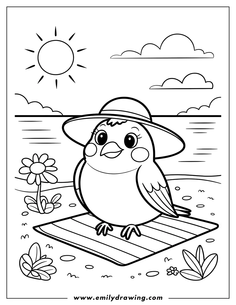 Line art of a cartoon bird wearing a wide-brimmed hat, sitting on a striped blanket by the ocean, with the sun and clouds in the sky, and flowers and plants around it.