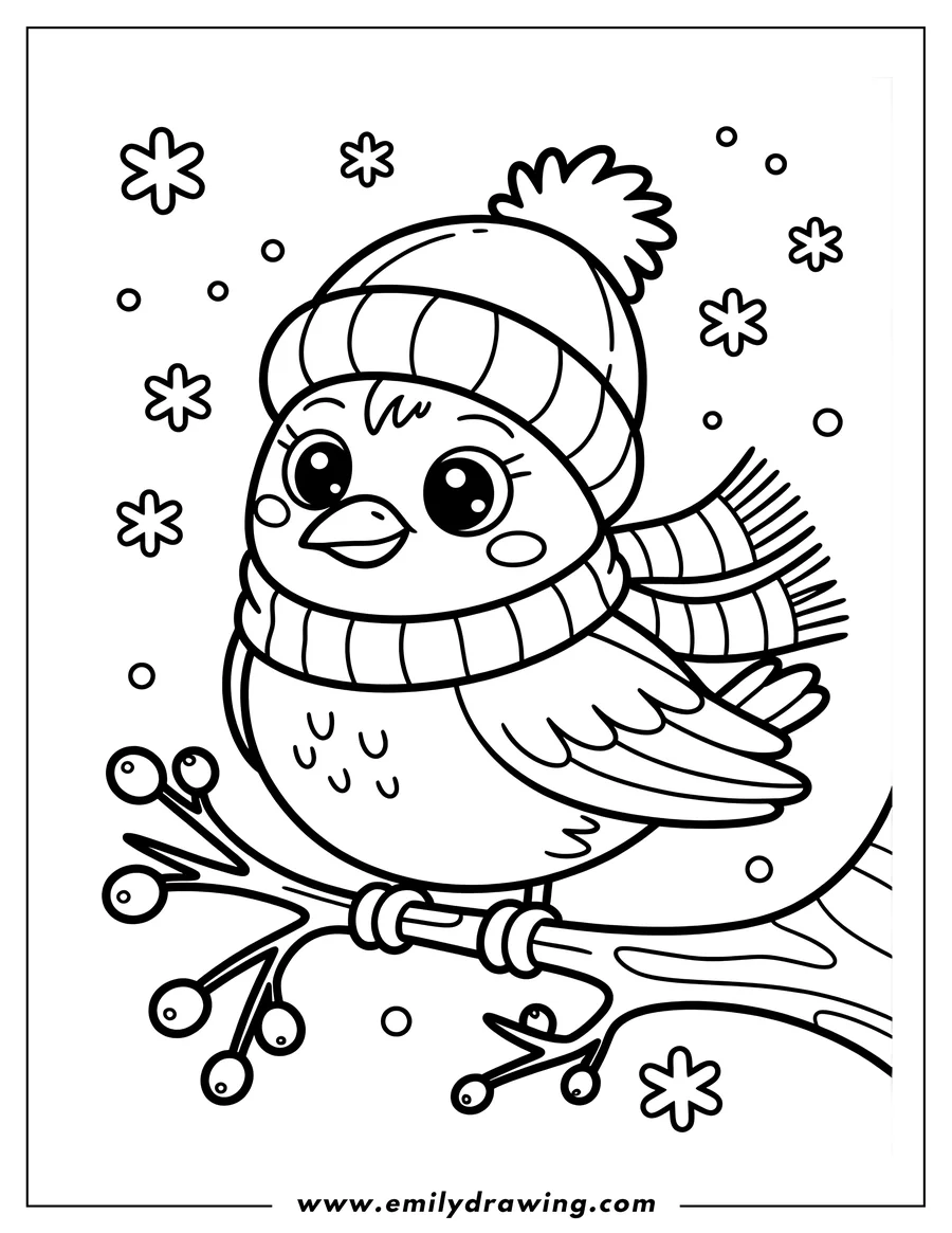 Line art of a cartoon bird wearing a striped winter hat with a pom-pom and a striped scarf, perched on a snowy branch with berries, surrounded by falling snowflakes.