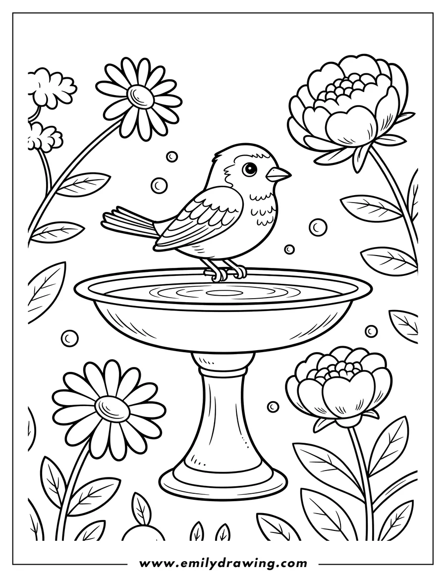 Outline of a cute bird perched on a bird bath, surrounded by large flowers and leaves.