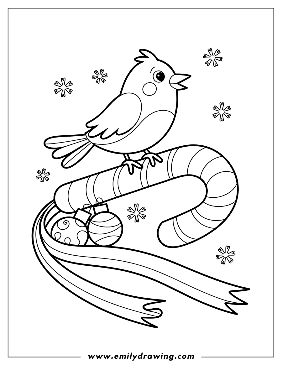 Outline of a bird perched on a candy cane with Christmas ornaments and snowflakes.
