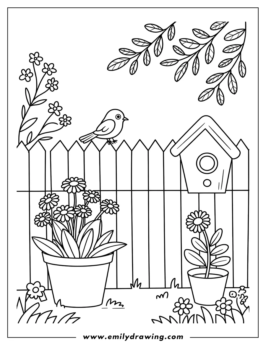 Line art of a small bird perched on a wooden picket fence, next to a birdhouse. Potted flowers and leafy branches are also visible.