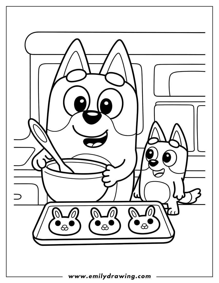 Line art of Bluey and Bingo from the cartoon series. Bluey is mixing batter in a bowl with a spoon, and Bingo is standing next to her, both smiling. In front of them is a baking tray with three bunny-shaped cookies.